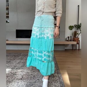 Vintage cotton and lace ombré Aqua Tiered midi Skirt small to medium
